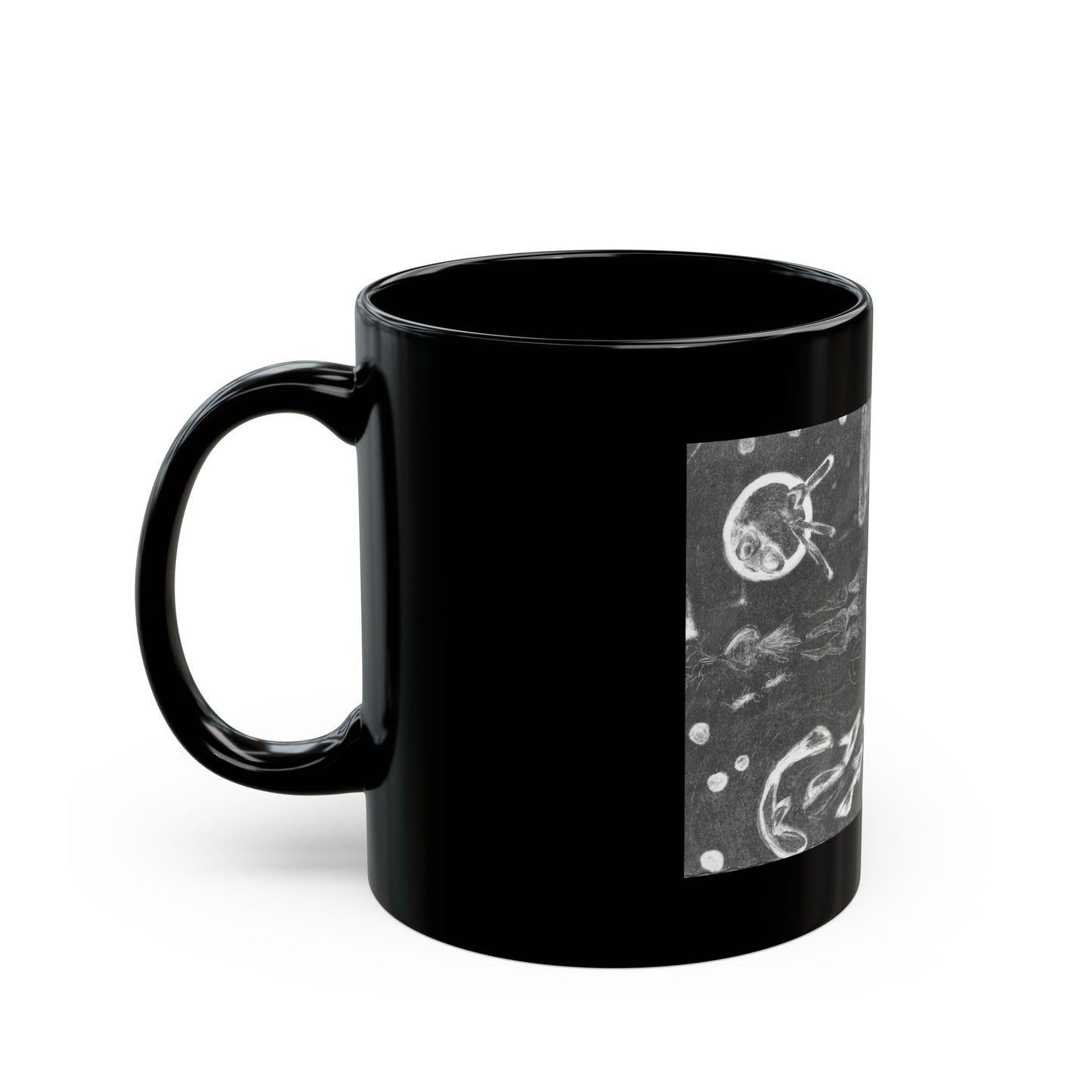 “In Orbit” Black Mug - Unique Celestial Design, Perfect Gift for Cat Lovers, Coffee Tea Mug, Space Art Decor, Astronaut Cat